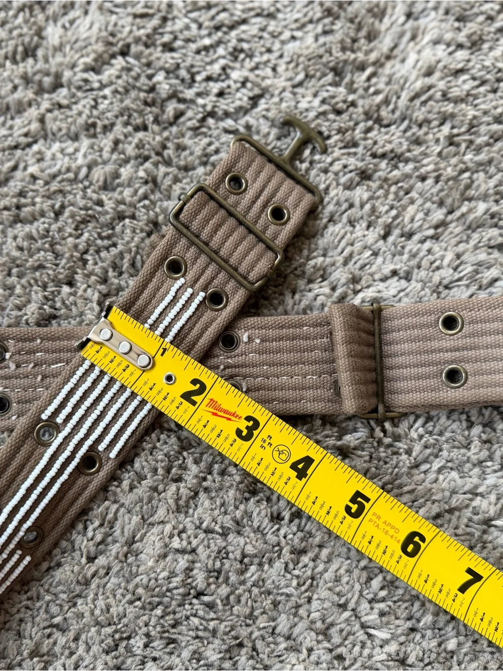 Artisan Handmade Brown Beaded Canvas Belt White Accent Beading Like New US M